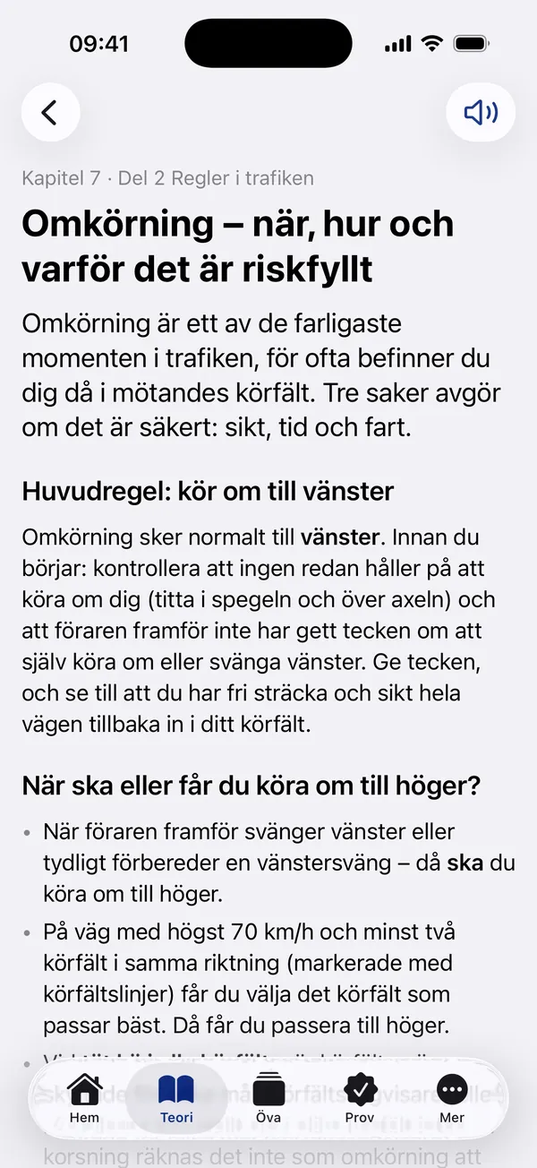 Ett kapitel i appen: Kapitel 7, Omkörning – när, hur och varför det är riskfyllt.