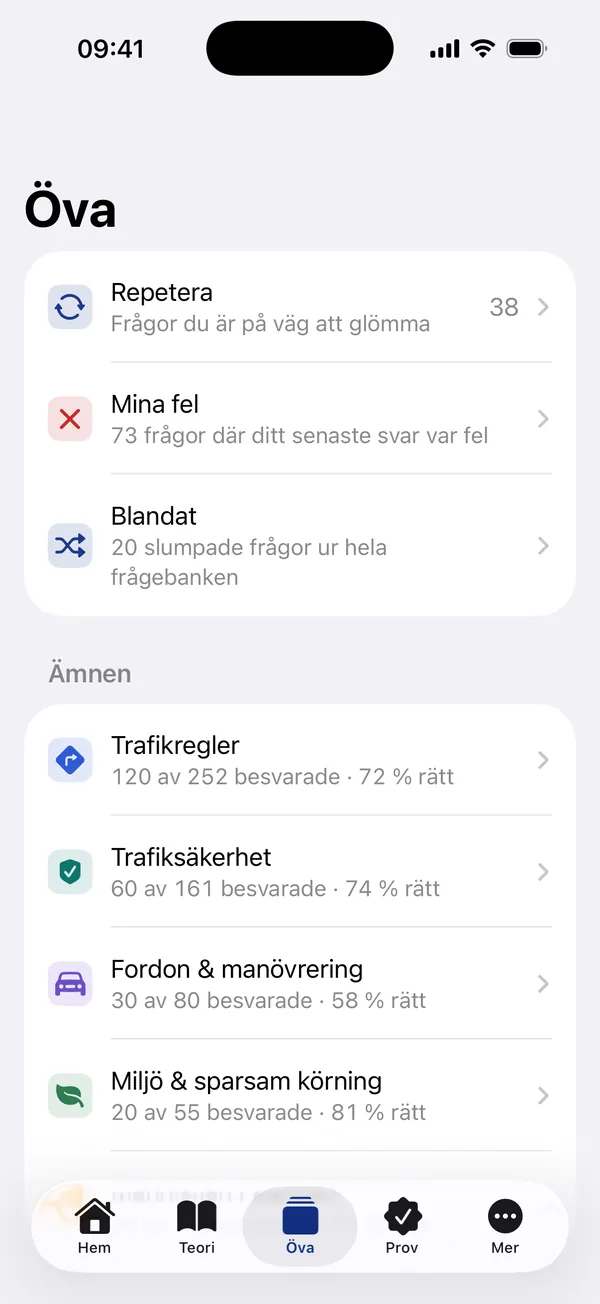 Fliken Öva: Repetera med 37 frågor som väntar, Mina fel och Blandat, och under dem ämnena med hur många frågor som är besvarade.